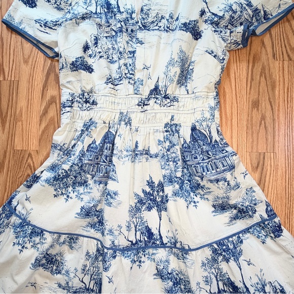 Blue White Toile Maxi Dress L Coastal Grandmother Cottagecore Tiered 100% Cotton - Picture 4 of 12